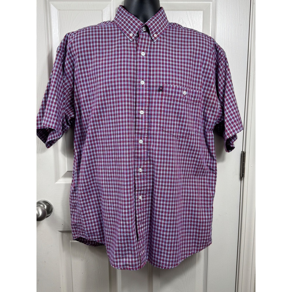 Panhandle Slim Men's L Plaid Button Up Short Sleeve Casual Shirt Red/Blue‎